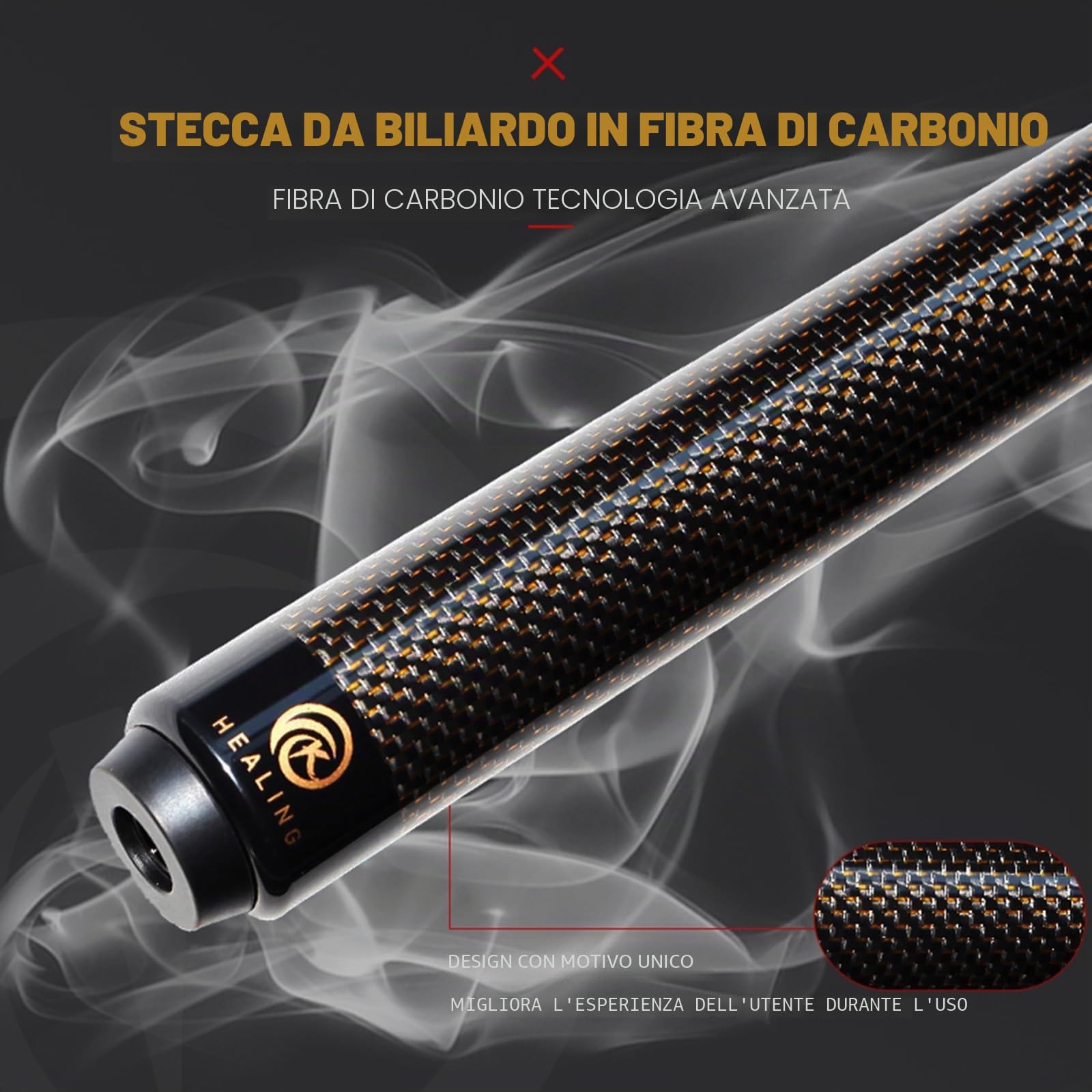 KHEALING Stecca da Biliardo in Fibra di Carbonio da 58 Pollici, Struttura 1/2, connettore a 3 Denti, Punta da 12,4 mm, 540-567 g, Adatta per Giocatori di Biliardo Professionisti