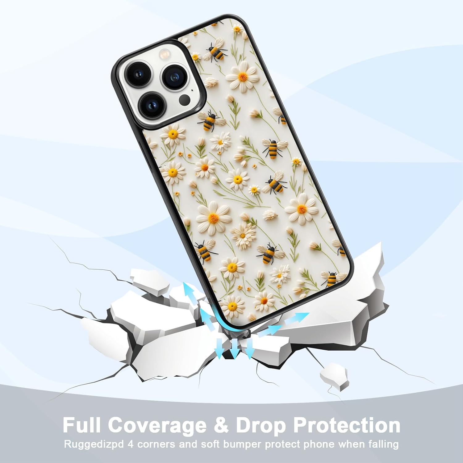 Cute Bee-Light Spring Bumblebee Phone Case Fit for iPhone 14 Pro Max — Shockproof Designed Floral Bees Phone Case Cover for Boy Girl Men Women image 3