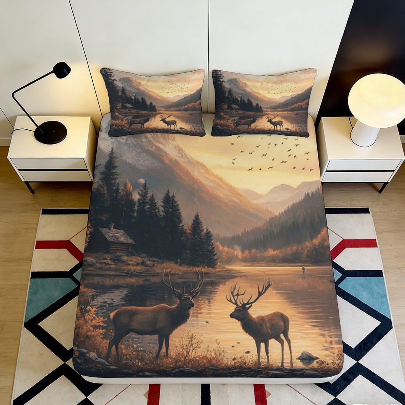 3D Printed Forest Landscape Fitted Sheet Microfiber Soft Breathable Deer Mountain Mattress Cover for Bedroom Guest Room Decor 90x200x25cm