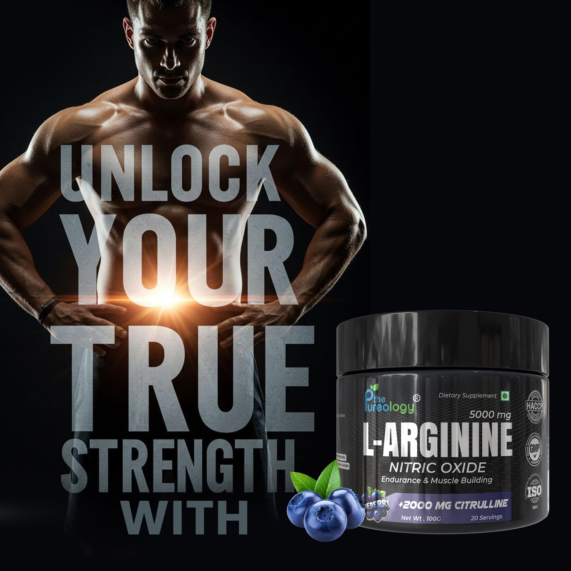 L-Arginine Nitric Oxide Powder, 5000mg with 2000mg Citrulline, Blueberry Flavour, 100g, 20 Servings — Amazon image 4