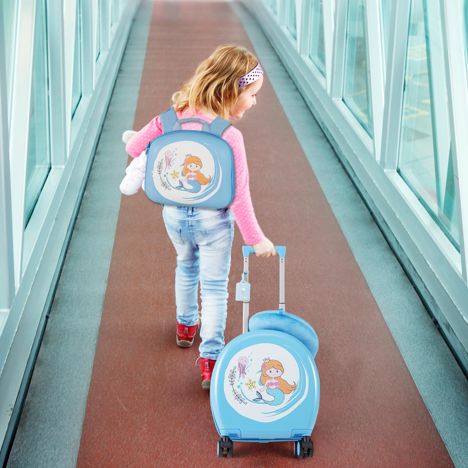 RELAX4LIFE Juego de Maleta Infantil para Niños de 4 Piezas, Maleta de 35,5 cm y Mochila de 25 cm con Cojín para El Cuello y Etiqueta de Nombre, Maleta Niños con Ruedas (Azul)
