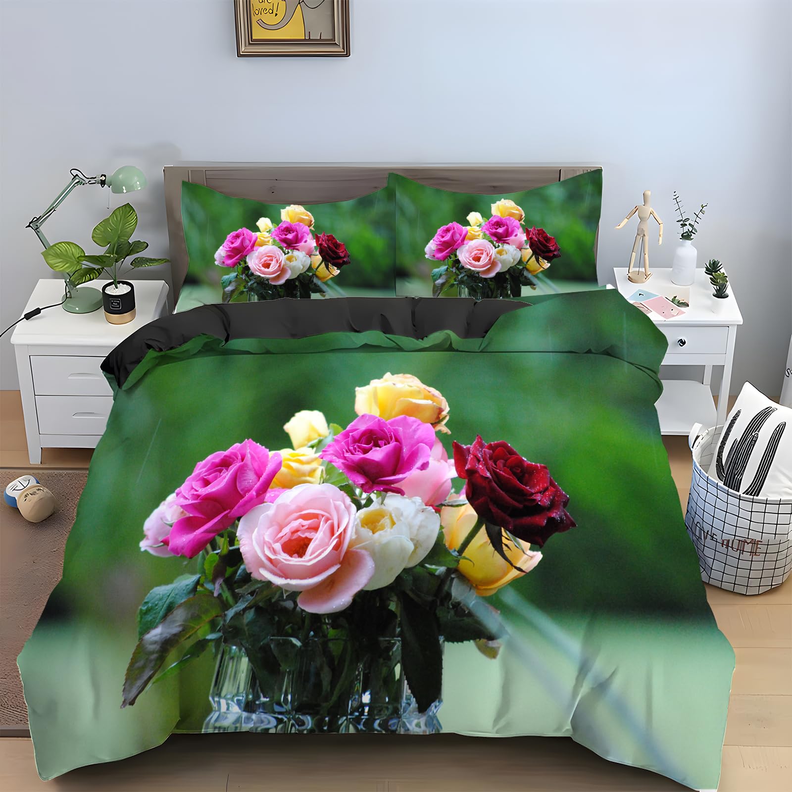 Linfye Couette 200x200 Cm, Plante Verte Couette Imprimée Pour 4 Saisons Edredon Legere Couette 2 Personnes En Microfibre, Branches Blanches Couette Sans Houss Et 2 Taies D'oreiller 65x65 Cm