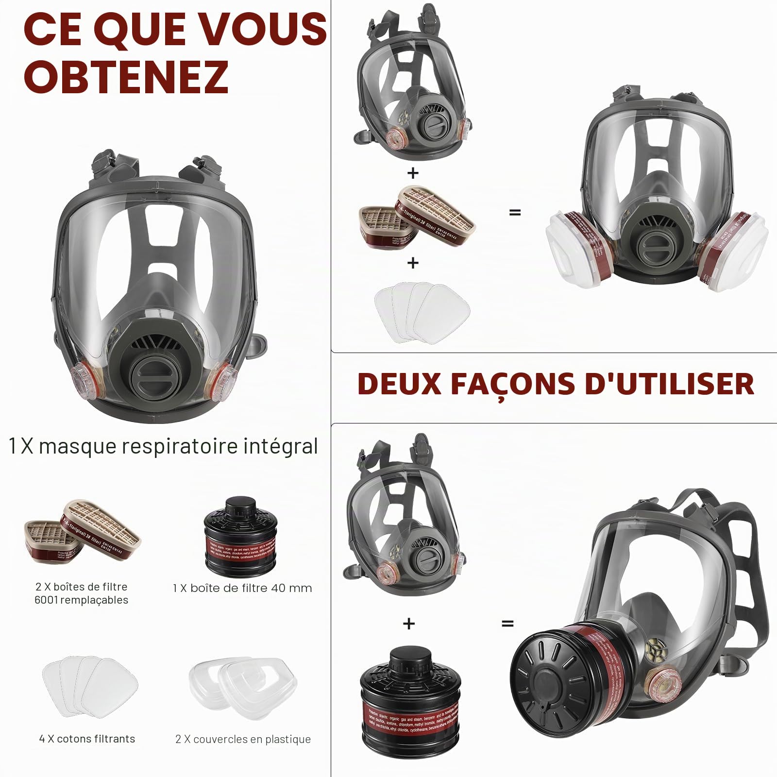 Masque à gaz complet avec filtre à charbon actif de 40 mm et filtres 6001CN, masques à gaz contre la poussière, la peinture, le polissage, la soudure, la vapeur organique, les produits