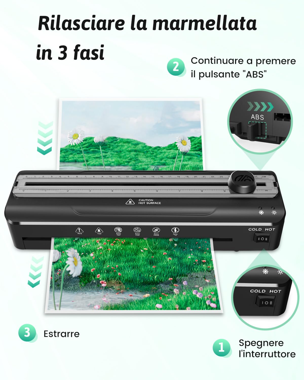 Plastificatrice A4 con 20 Pellicole di Laminazione per Formato A4 A5 A6, Riscaldamento Rapido, Caldo e Freddo, Laminatore Multifunzione con Taglierina e Angolo Rotondo