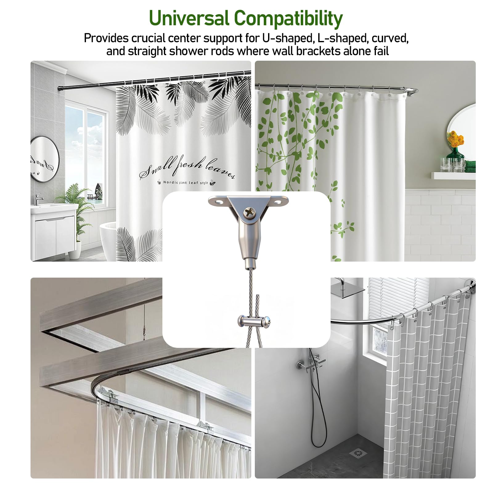 Zarique Lot de 3 supports de plafond pour tringle de rideau de douche anti-affaissement - Réglable de 152,4 cm - Acier inoxydable 304 résistant à la rouille - Pour tringles incurvées, en forme de L et