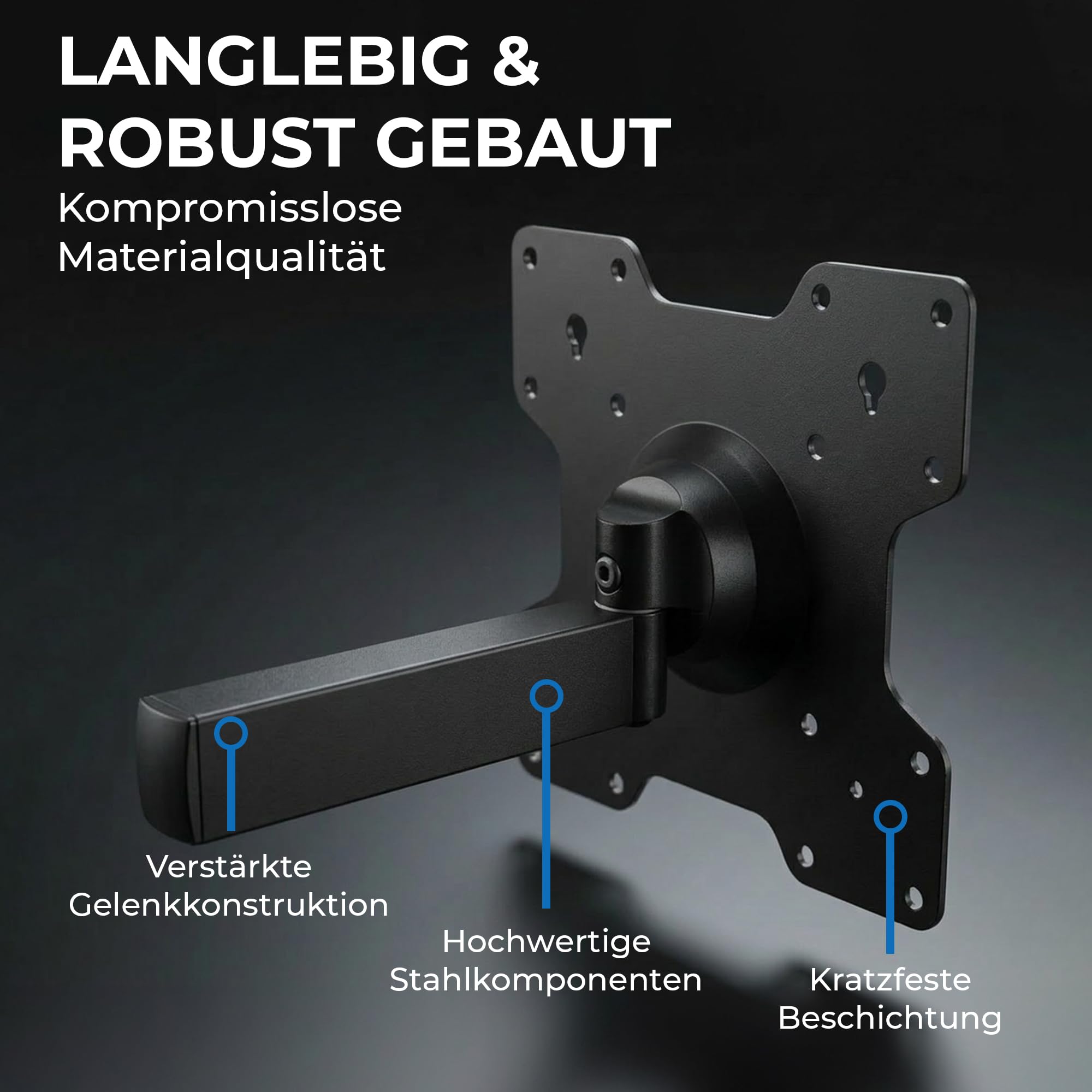 DQ Rotate XL 108,5 cm TV Wandhalterung mit extra langem Schwenkarm 50 Zoll Biz 75 Zoll – dreh-, neig- & rotierbar bis 108,5 cm Auszug, 25 kg Traglast, VESA bis 200x200 mm, Wandhalterung TV