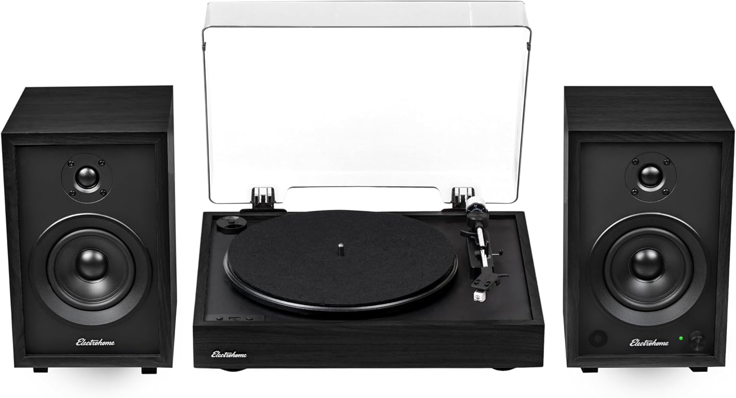 Electrohome Montrose Record Player Stereo System, 4" Bluetooth Powered Bookshelf Speakers, Belt-Drive Bluetooth Turntable with Audio-Technica Stylus, Vinyl-MP3 Recording, Built-in Preamp