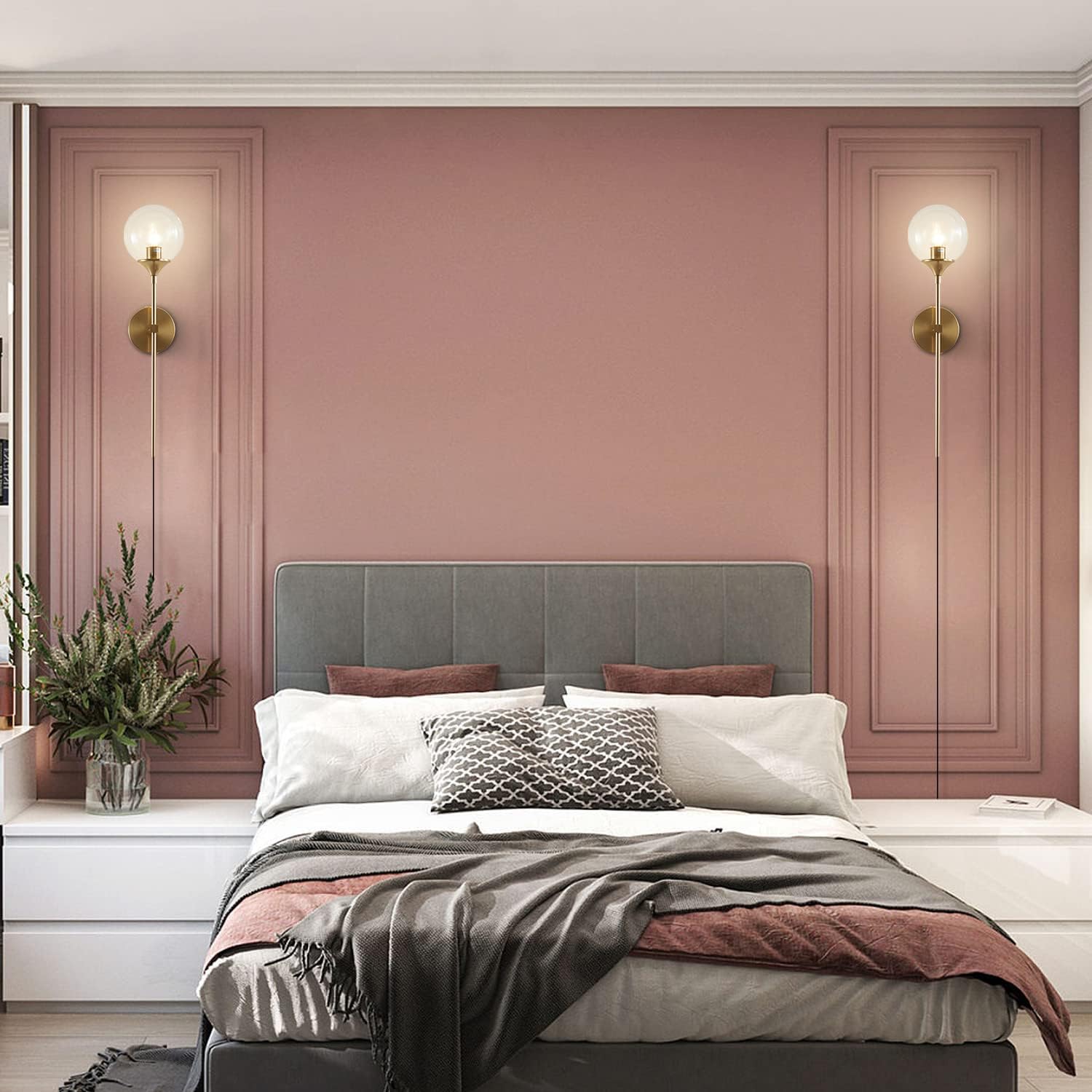 KCO Lighting Gold Globe Wall Sconce Plug in Mid Century Modern Long Arm Wall Light Set of 2 Brush Brass Bathroom Vanity Light Fixture Bubble Glass Wall Sconce (Clear)