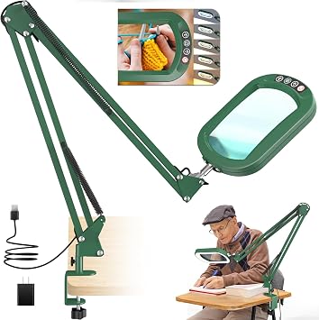 16" Extra Long Magnifying Glass with Light and Clamp, Real Glass, 5 Color Modes, Stepless Dimmable, Lighted Magnifier with Stand Hands Free, LED Swing Arm Desk Lamp for Close Work, Craft, Green