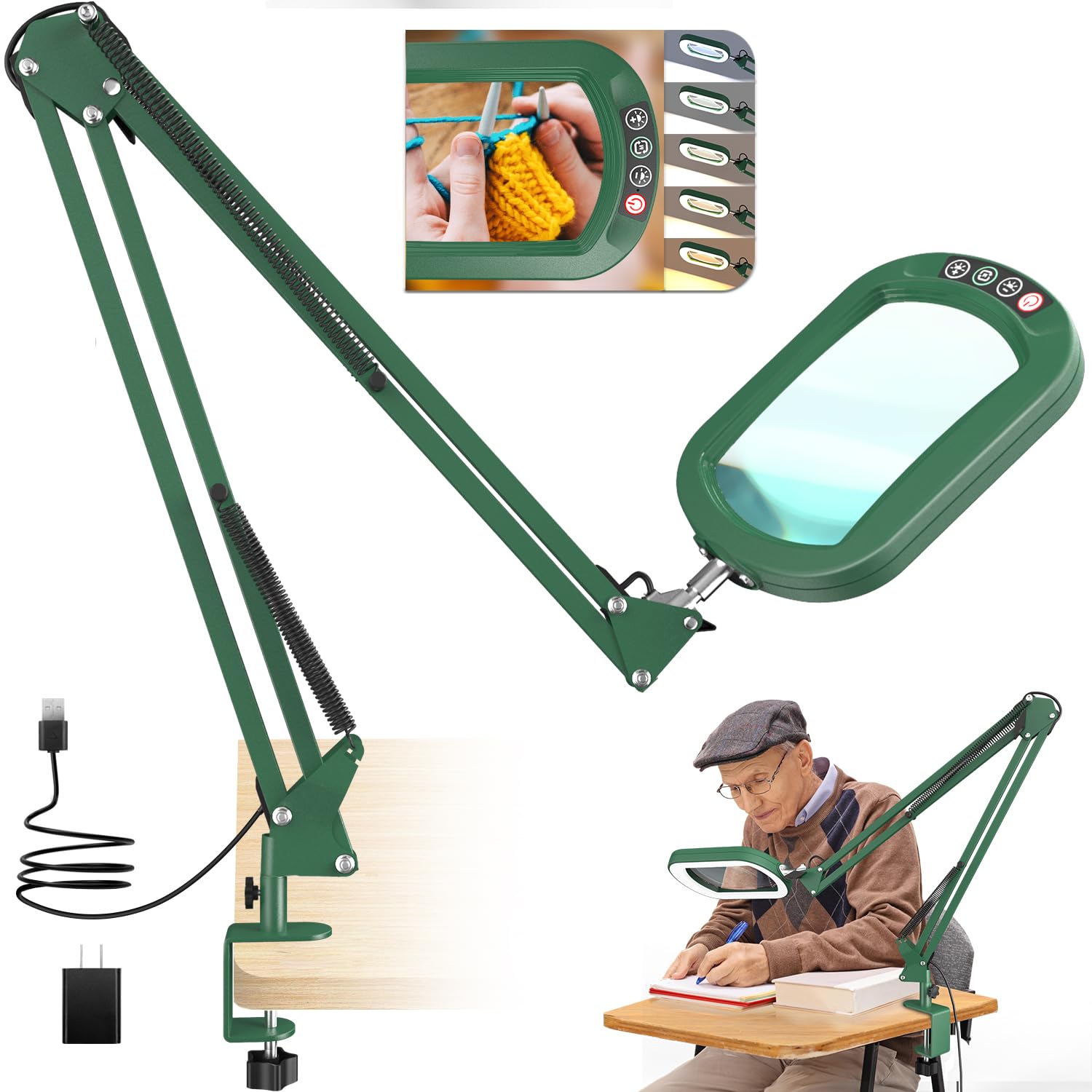 Photo 1 of 16" Extra Long Magnifying Glass with Light and Clamp, Real Glass, 5 Color Modes, Stepless Dimmable, Lighted Magnifier with Stand Hands Free, LED Swing Arm Desk Lamp for Close Work, Craft, Green