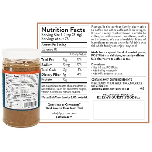 Miniatura 8 de Postum - Paquete de mezcla natural de trigo salvado y melaza, sustituto de café, de 8 onzas, sin cafeína, instantáneo, rico, sabroso, saludable,