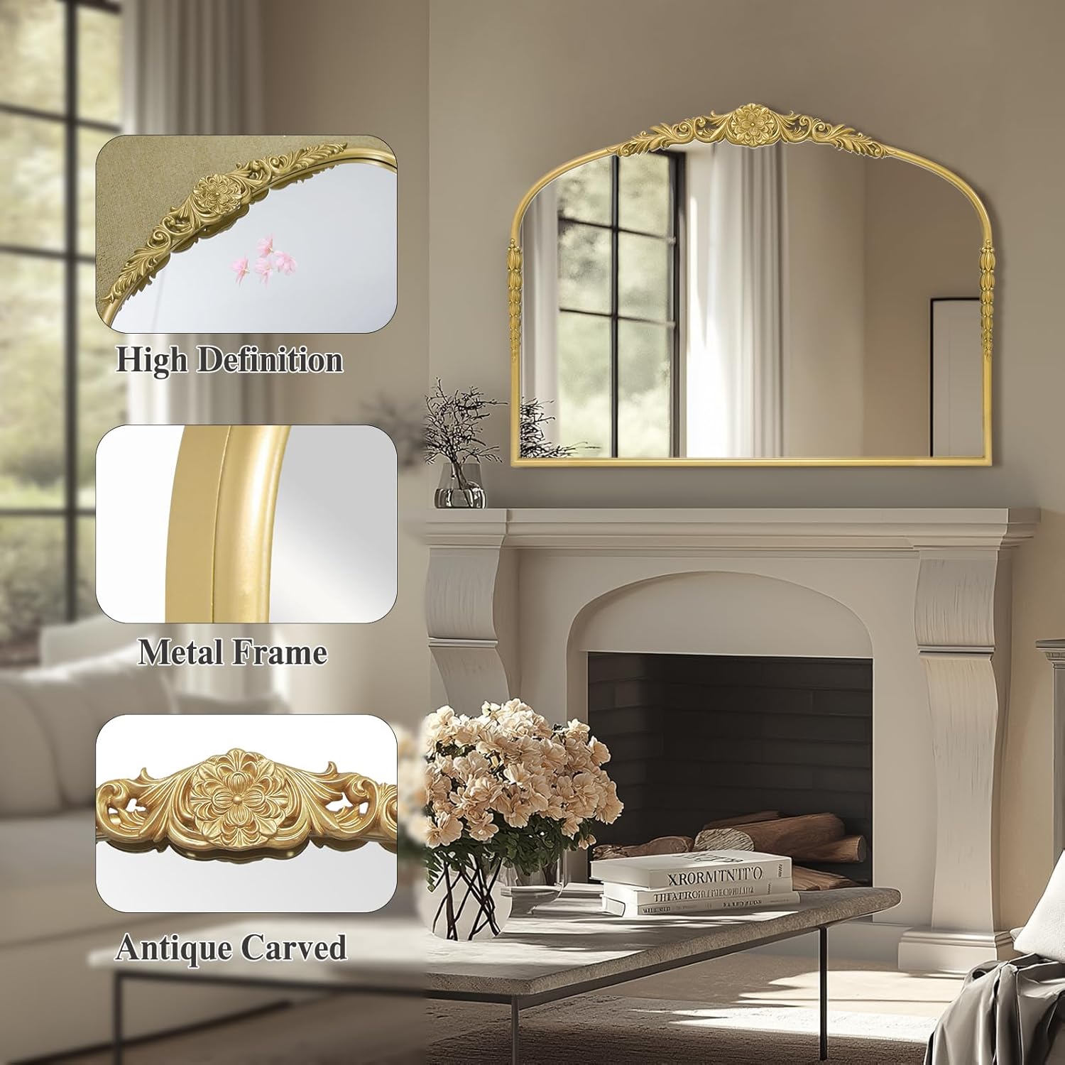 G-LEAF Vintage Baroque Mirror 40"X30", Mantel Victorian Antique Farmhouse Mirror with Gold Ornate Metal Frame for Fireplace Entryway Living Room Hallway Bathroom