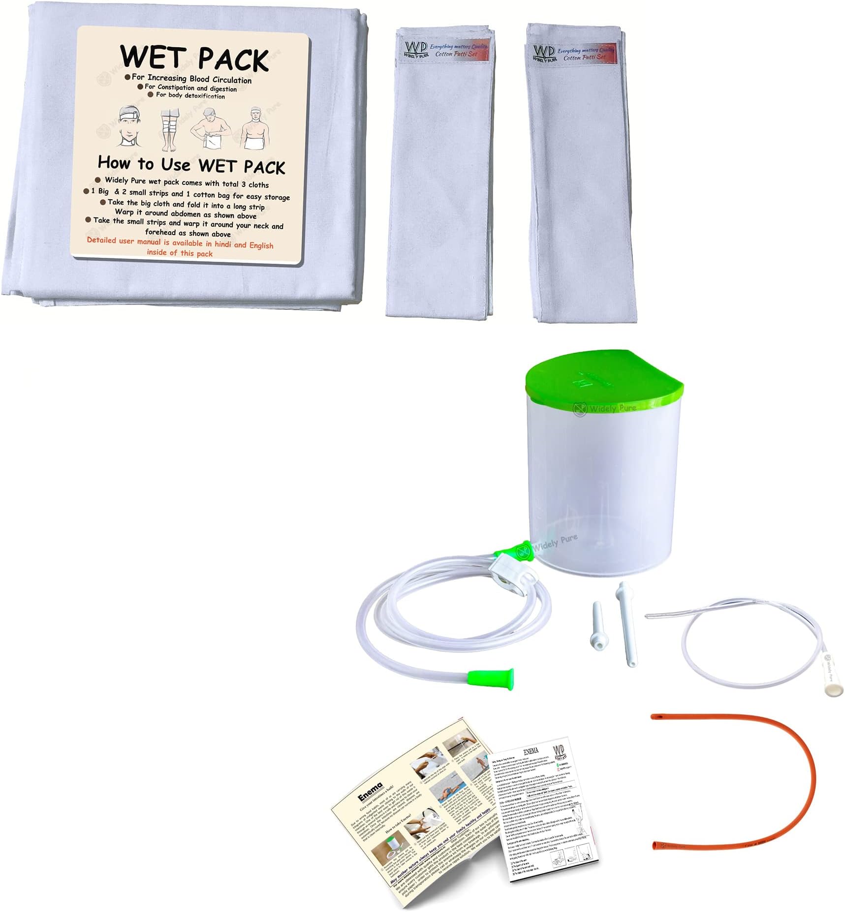 Widely Pure wet pack cotton patti set and enema kit satvik Improved Model 2 pipes extra combo pack with user manual