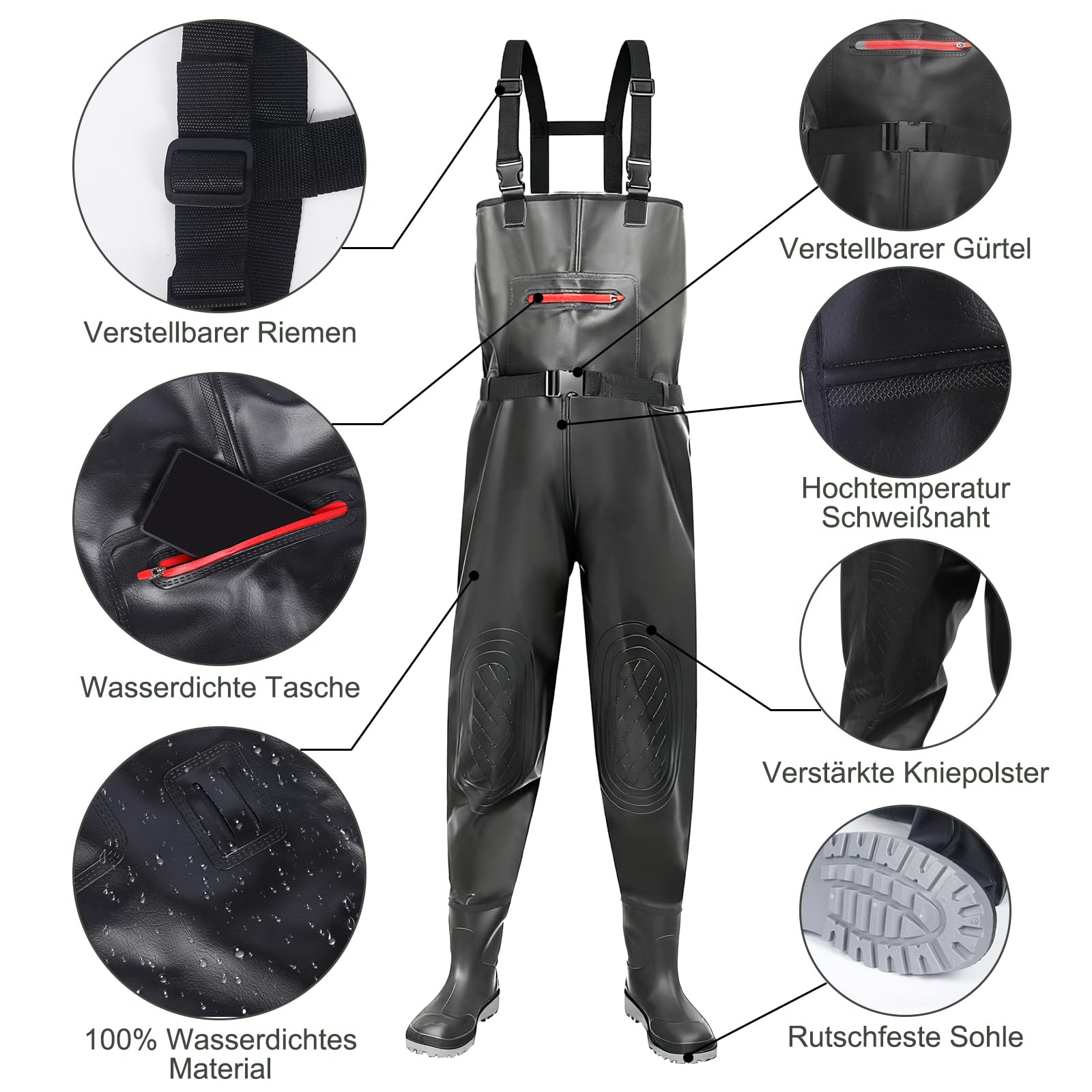 Wathose Herren wasserdicht Anglerhose, Verstärkte PVC-Anglerbekleidung mit Anti-Rutsch-Sohle Gr. 43-46, fällt klein aus bitte größer bestellen, Verstellbare Schulterträger, Angeln, Farmarbeit, Outdoor