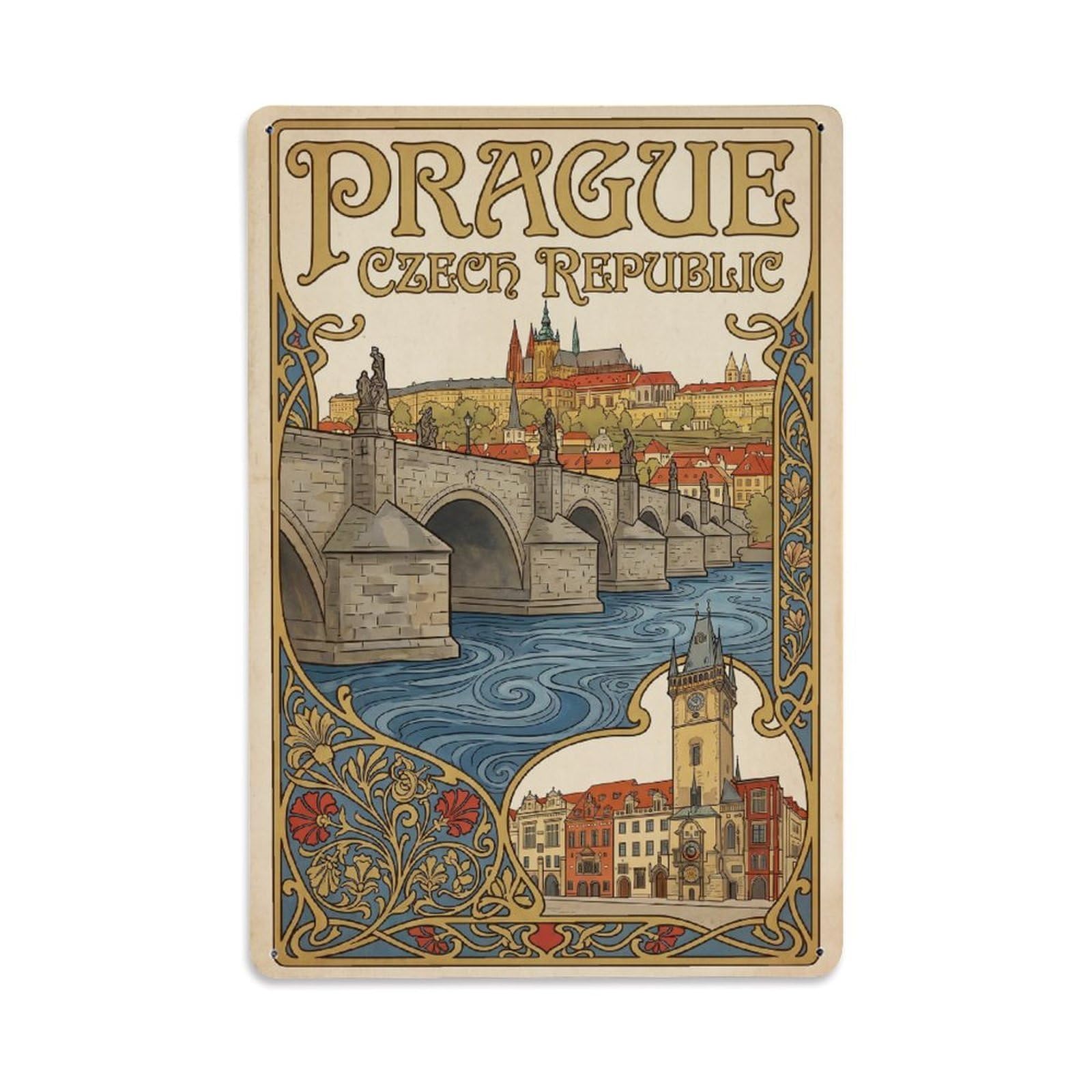 Vintage Travel Czech Republic Prague Metal Tin Sign Plaque Wall Decor for Cafe, Club Bar, Office, Garden Metal Poster 8x12Inch