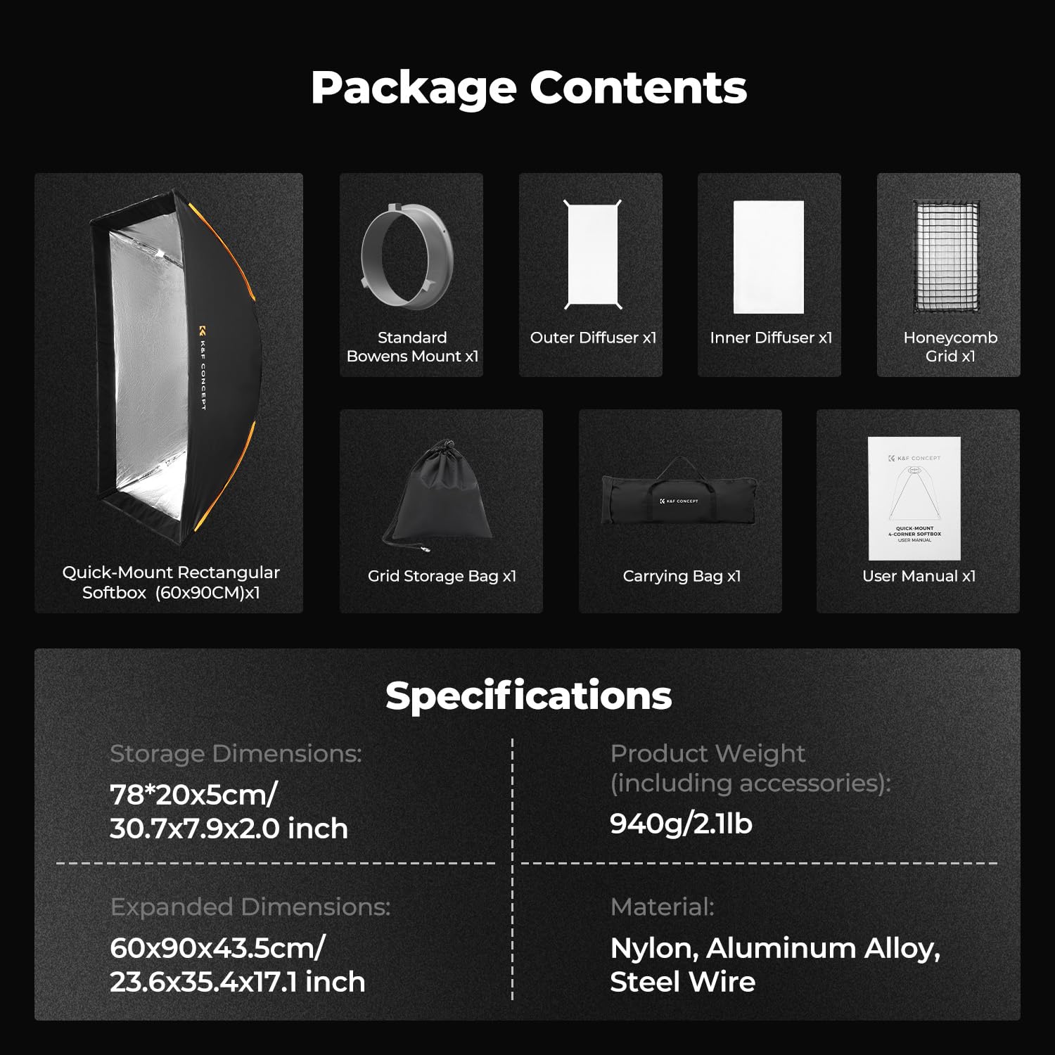 K&F CONCEPT Szybki montaż prostokątny softbox 60×90 cm