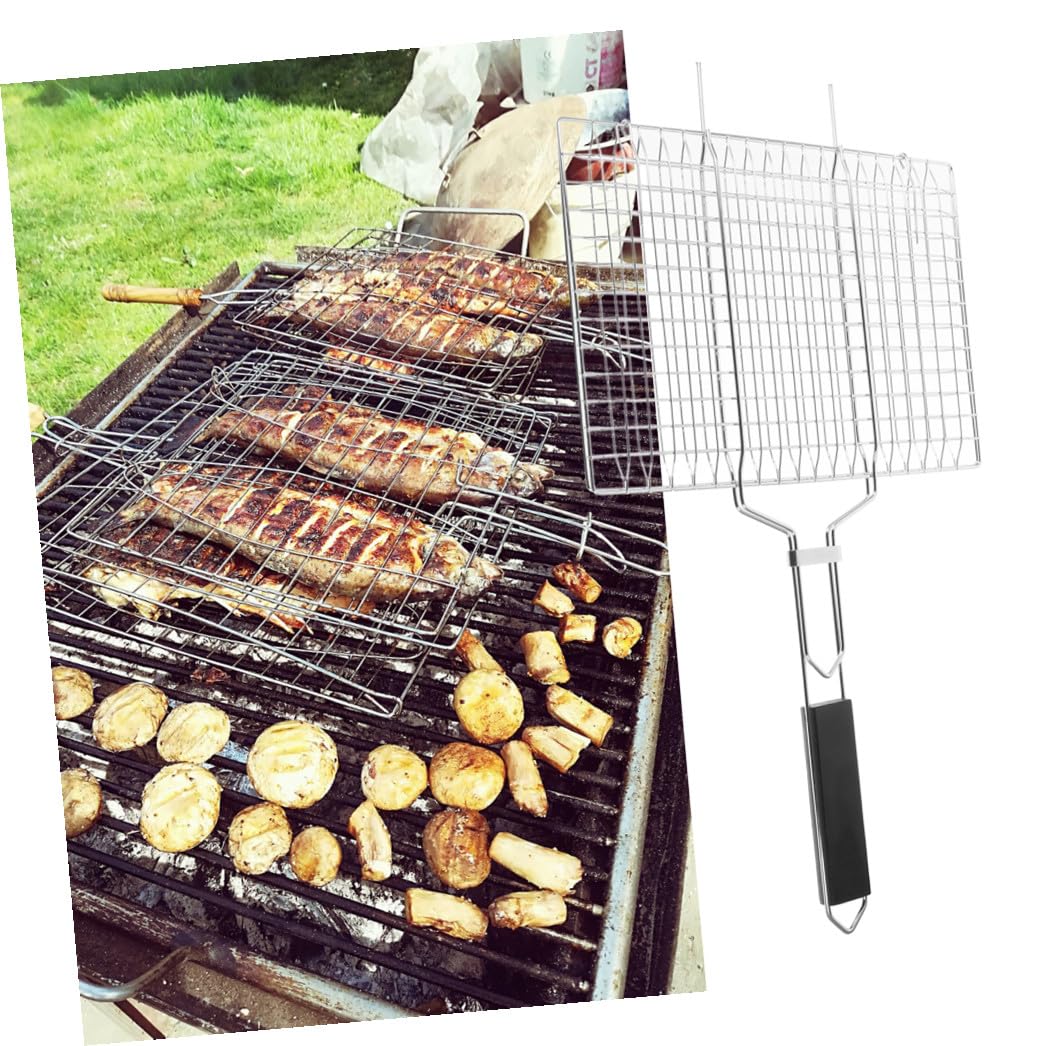 ibasenice Cestello per Barbecue in Acciaio Inossidabile con Manico in Legno Nero, Facile da Pulire, Superficie Liscia, per Grigliate All'aperto e Campeggio