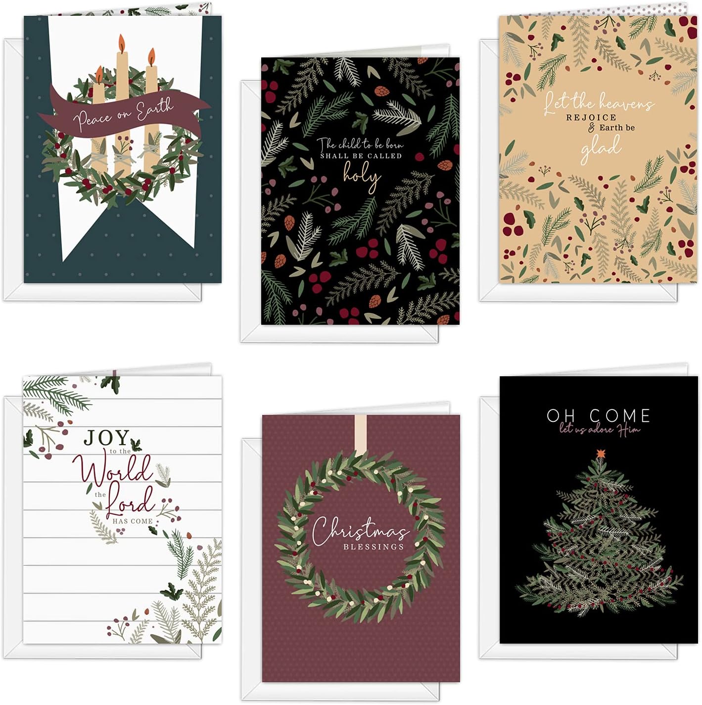 Canopy Street Religious Farmhouse Holiday Cards / 24 Christian Cards With White Envelopes / 4 5/8" x 6 1/4" Christmas Cards / 6 Festive Winter Card Designs