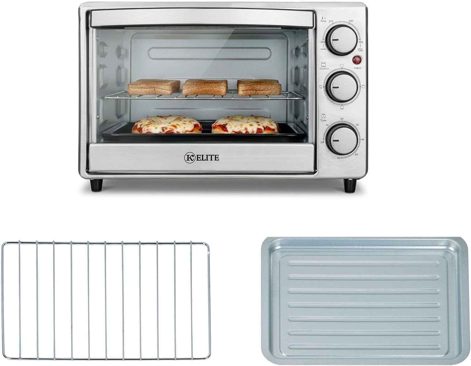 Kitchen Elite 6-Slice Toaster Oven, Compact Countertop Appliance with Bake Tray, Wire Rack, Adjustable Timer, and Temperature Control, Stainless Steel