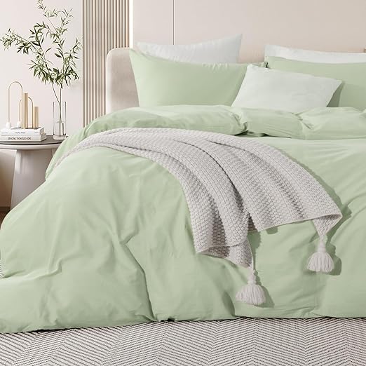 NEXHOME PRO Duvet Cover Set Kids Twin Size Linen Feel Textured Organic Natural 100% Washed Cotton Duvet Cover 2 Pieces Bedding Set with Zipper Closure, Breathable, Mint Green (No Comforter)
