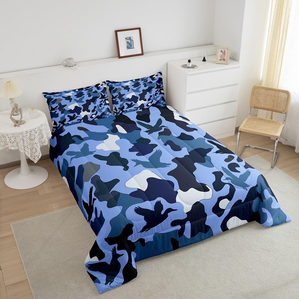 Erosebridal Camo Comforter Set Queen Size Duck Hunter Bedding for Kids Boys Men Army Camouflage Hunting Bedding Comforter Sets Vintage Blue Black Room Decor Wild Animal Duck Rustic Duvet Insert