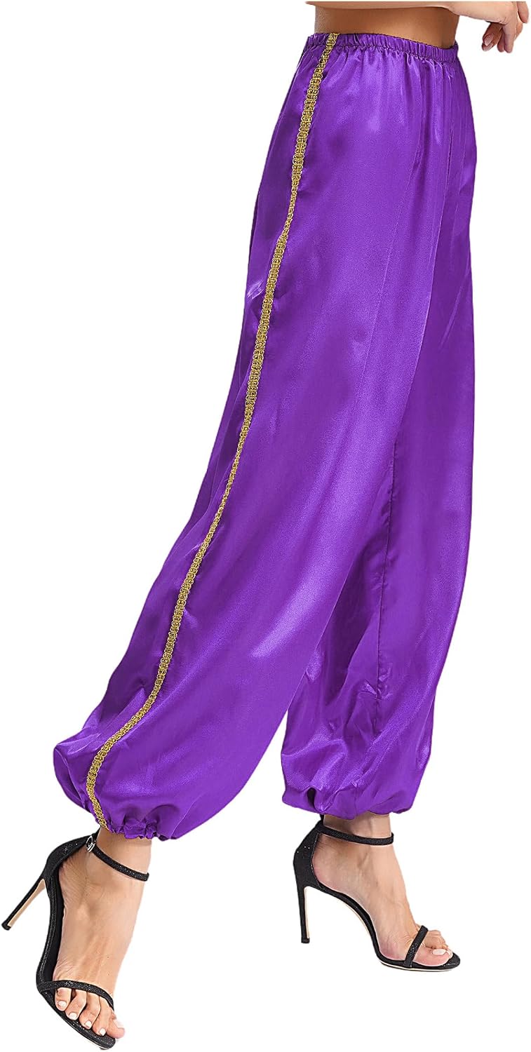 Womens Satin Silky Pants Belly Dance Pants Loose Fit Arabic Trousers Princess Cosplay Outfits