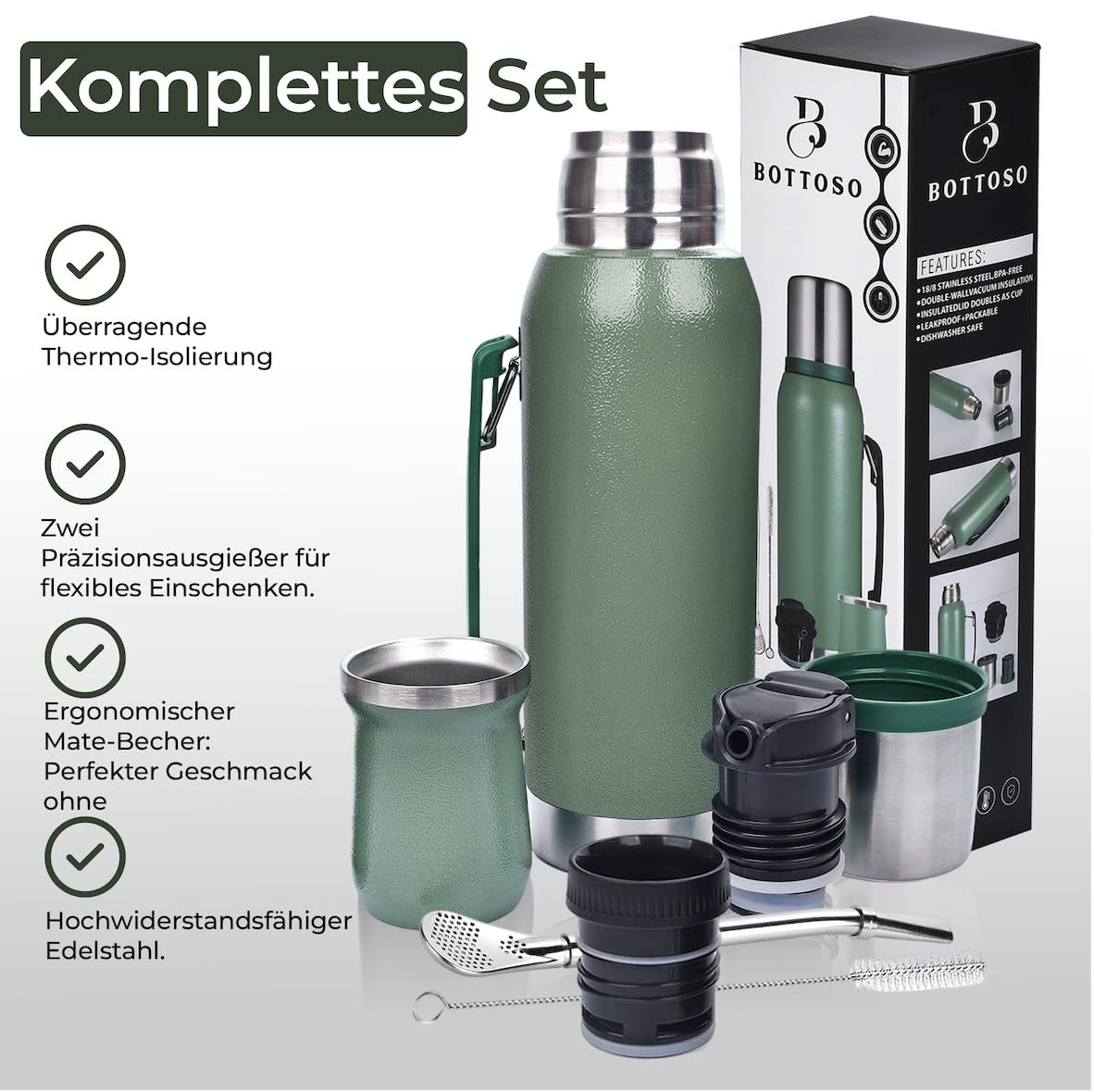 Premium Mate-Tee Set Komplett (1L) | Edelstahl Isolierflasche Doppelwandig (24h Heiß) | Doppel-Präzisionsausgießer + Mate Becher & Bombilla Trinkstrohhalm (Premium Schwarz)