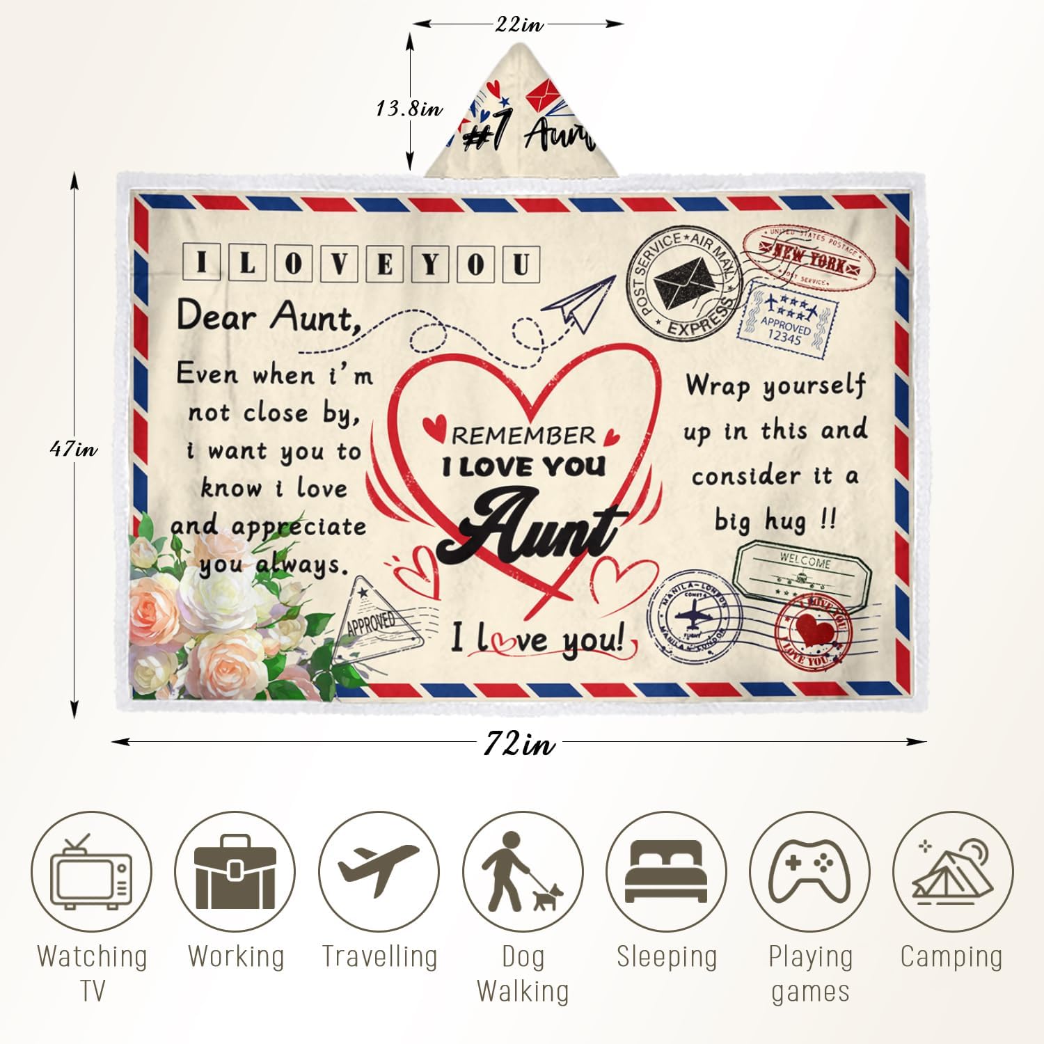 Airmail Aunt Sherpa Wearable Blanket Hoodie - Aunt Christmas & Birthday Gift, 70.8" X 47.3" - Image 5