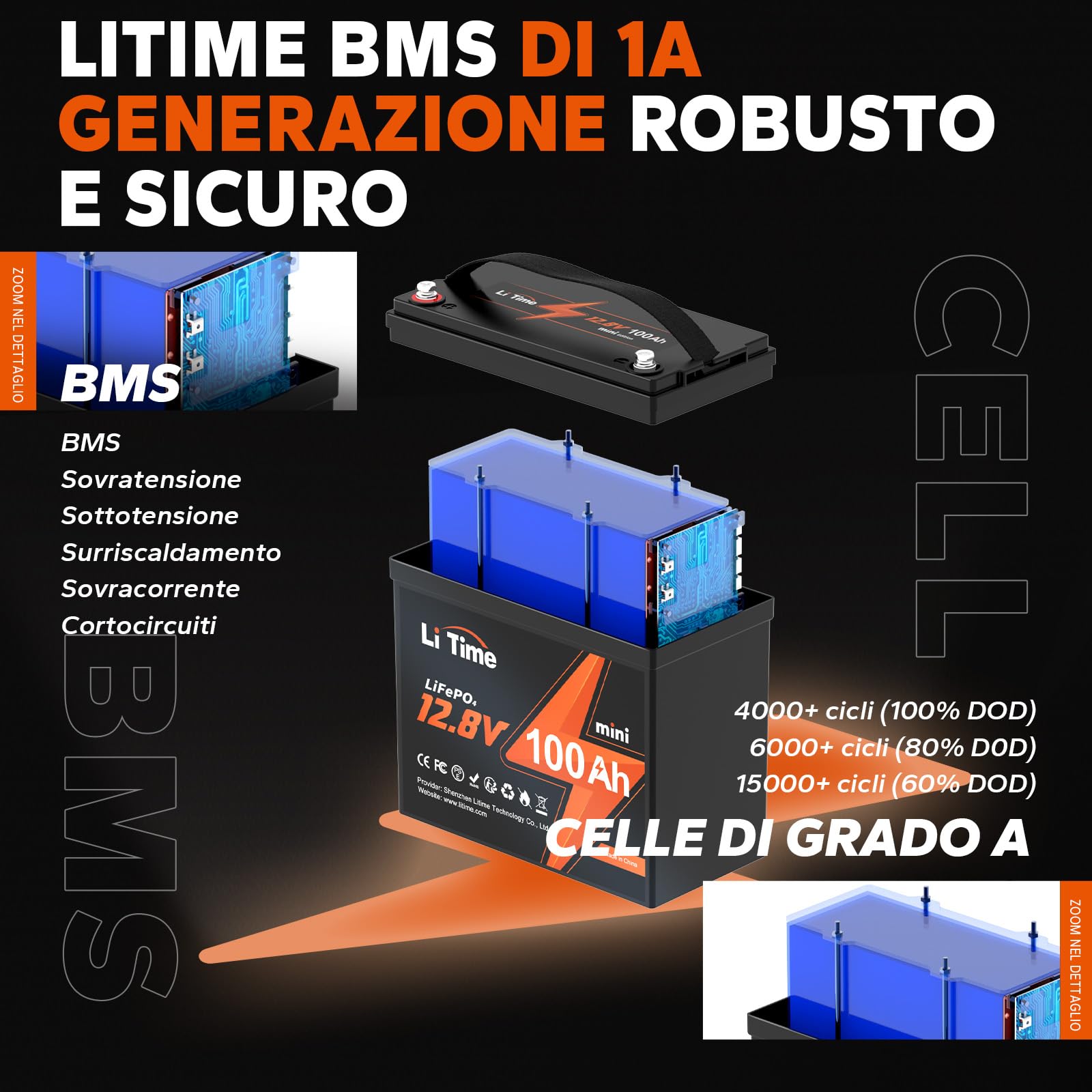 LiTime Batteria Lifepo4 12V 100Ah MINI, Batteria Litio con BMS 100A e 4000-15000 Cicli, Di Piccole Dimensioni e Senza Manutenzione, Batteria Litio 12V Adatta per Caravan, Sistemi Solari, Barche