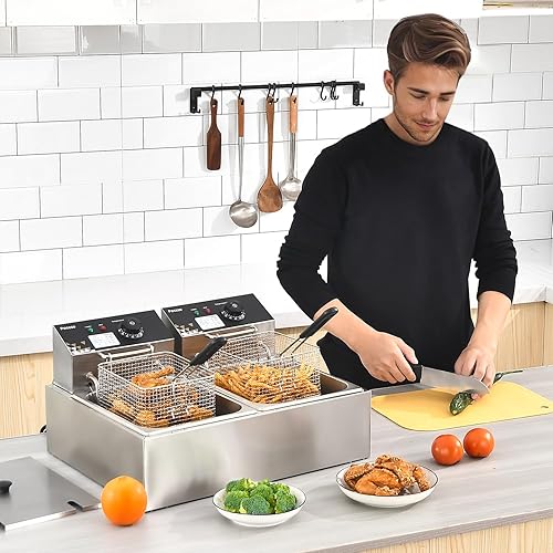 Miniatura 2 de Freidora Eléctrica Profunda de 17.2L18.2QT Acero Inoxidable Tanque Dual Freidora Comercial con Canasta, 3400W 110V Freidora Profunda de Encimera