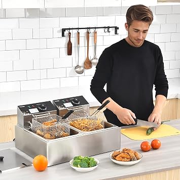 Electric Deep Fryer 17.2L/18.2QT Stainless Steel Dual Tank Commercial Fryer with Basket, 3400W 110V Countertop Deep Fryer for Home Kitchen and Restaurant Use with Oil Thermometer & Temperature Control