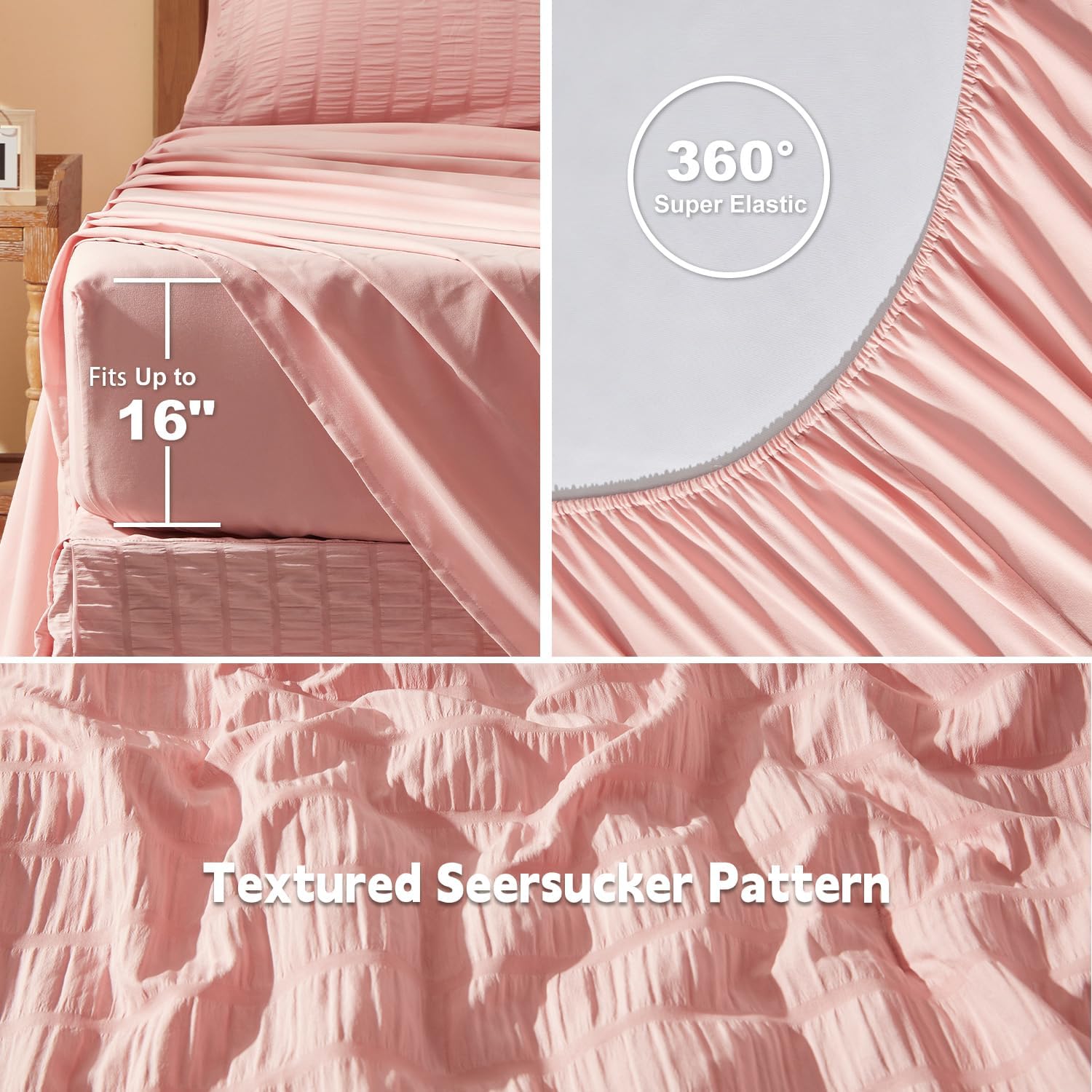 Full Size Comforter Sets 7 Pieces, Pink Seersucker Bed in a Bag Set Full Size, All Season Luxury Bedding Sets with Comforter, Sheets, Pillowcase & Sham