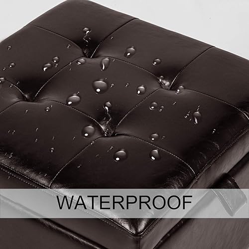 Miniatura 5 de Adeco Otomana moderna de almacenamiento de piel sintética de 18 pulgadas con patas de madera para sala de estar, banco rectangular con detalles