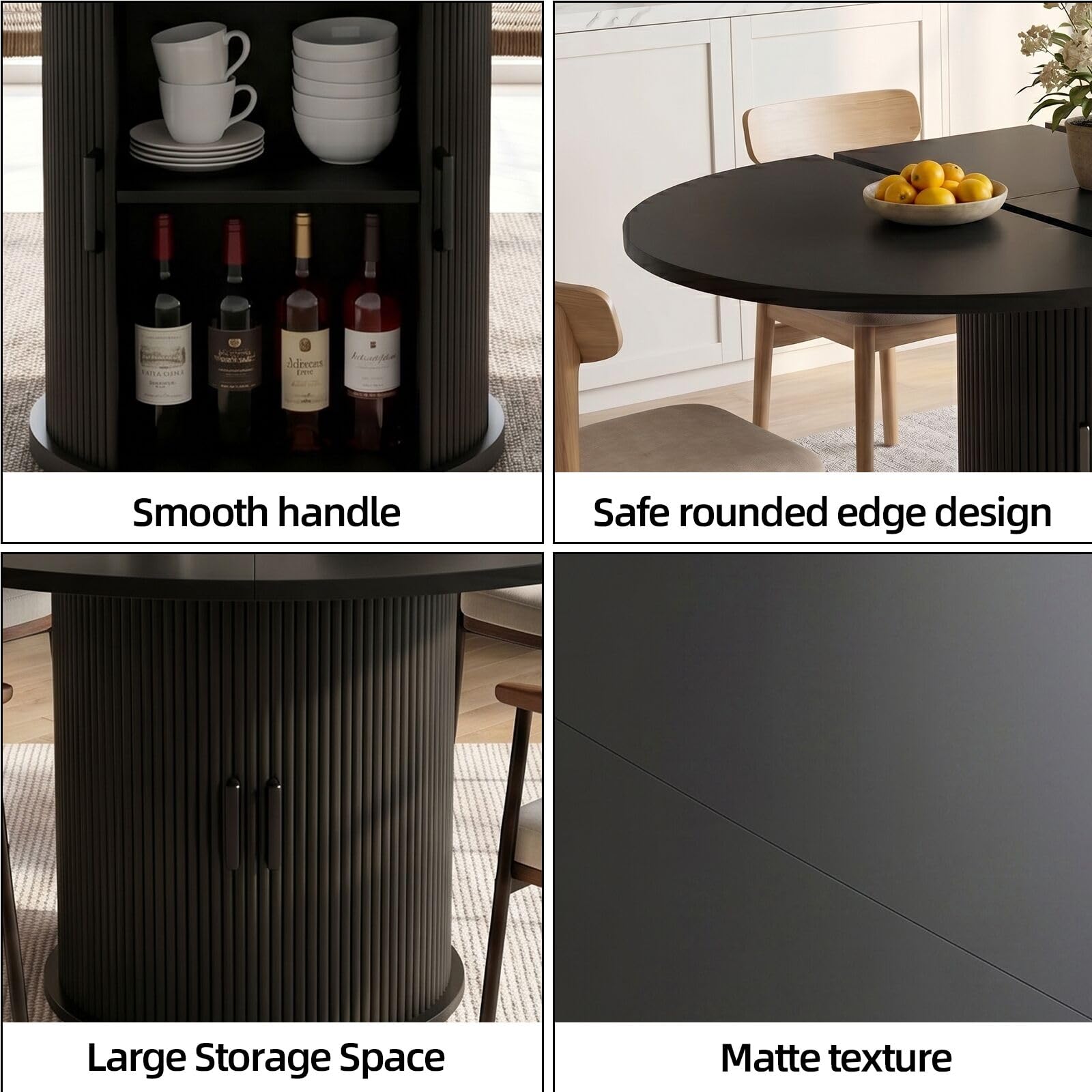 Tavolo da pranzo rotondo allungabile nero per 4-8 persone, 118-158 cm: tavolo da cucina salvaspazio con portabottiglie e base a piedistallo, facile da montare