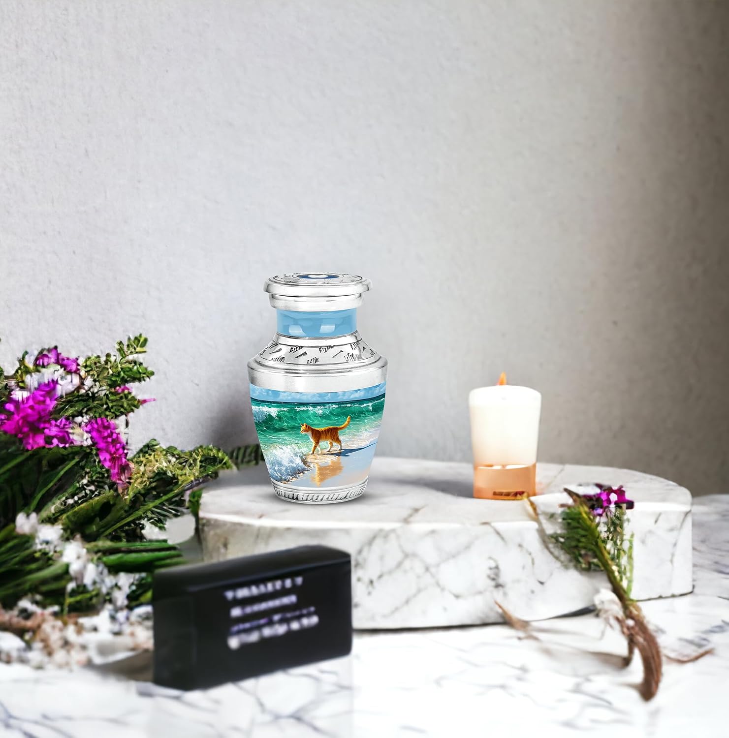 Cat Tiny Cremation Urns for Human Ashes - Blue Small Urn for Ashes Adult Male - 3 Inch Funeral Urns for Adult Men - Decorative Cremation Urn for Adults