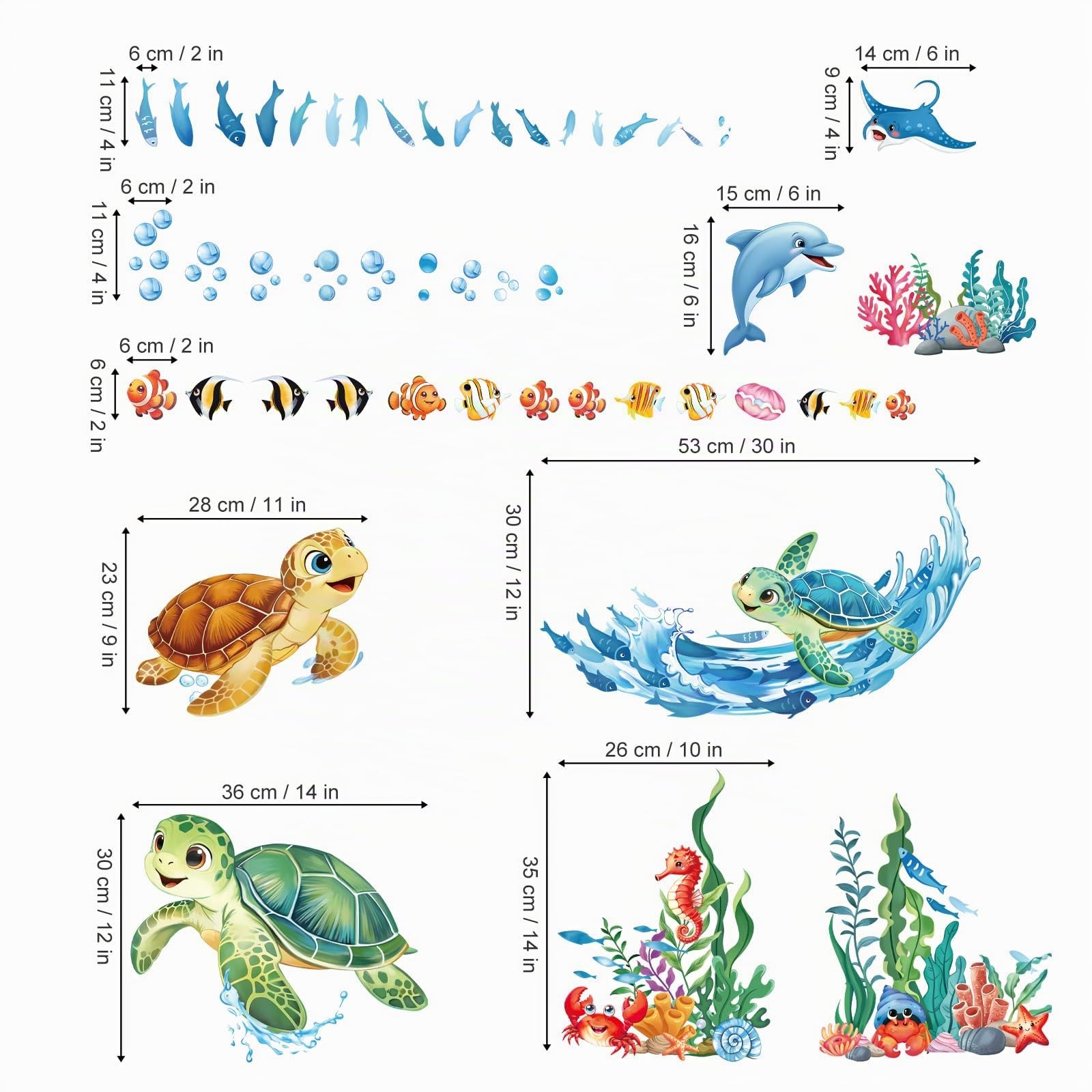 decalmile Pegatinas de Pared Bajo el Mar Vinilos Decorativos Tortugas Peces