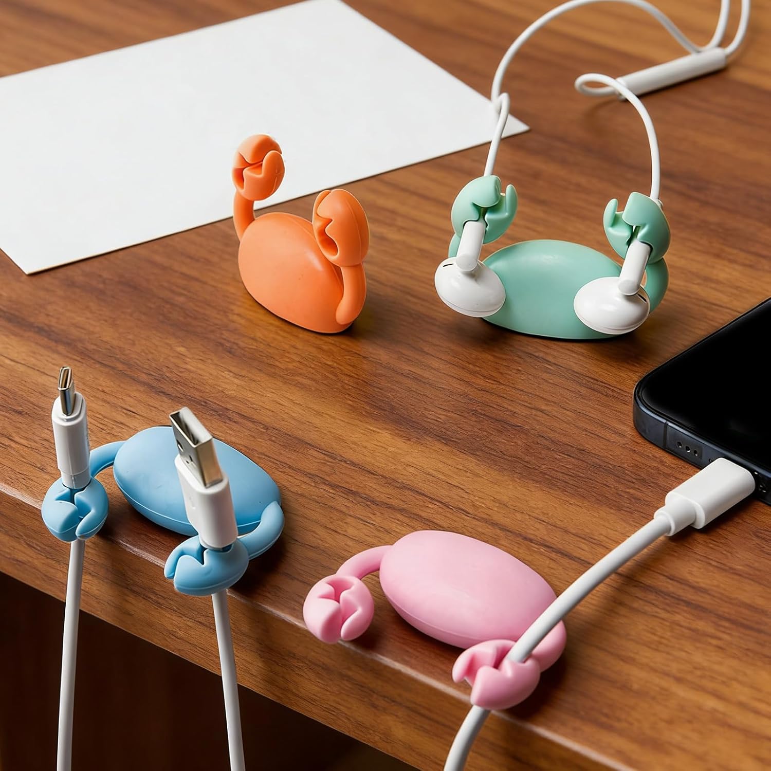 Crab-Shaped Cord Organizer - Adhesive Cable Clips for Tidying Desks and Efficient Wire Management, 4-Pack (Pink, Blue, White, Orange)