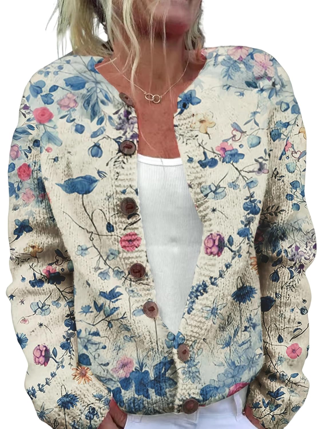 Women Floral Pattern Open Front Cardigan Cozy Fall Casual Button Down Long Sleeve Knit Coat Outerwear