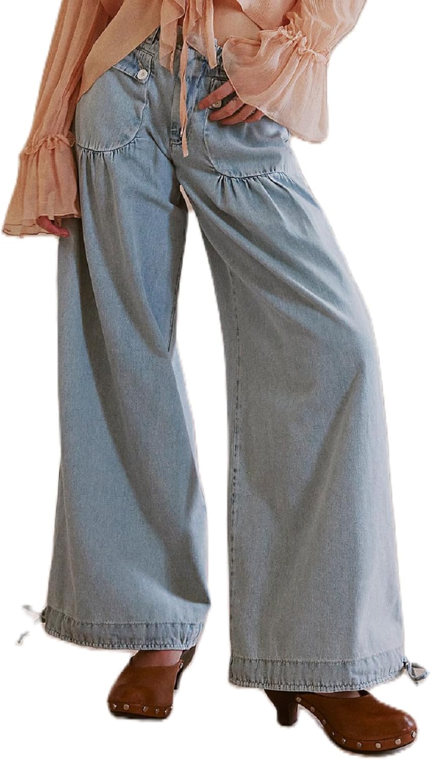 Women Baggy Cargo Jeans Mid Waist Wide Leg Ruffle Drawstring Parachute Denim Pants Vintage Sweatpants Pockets
