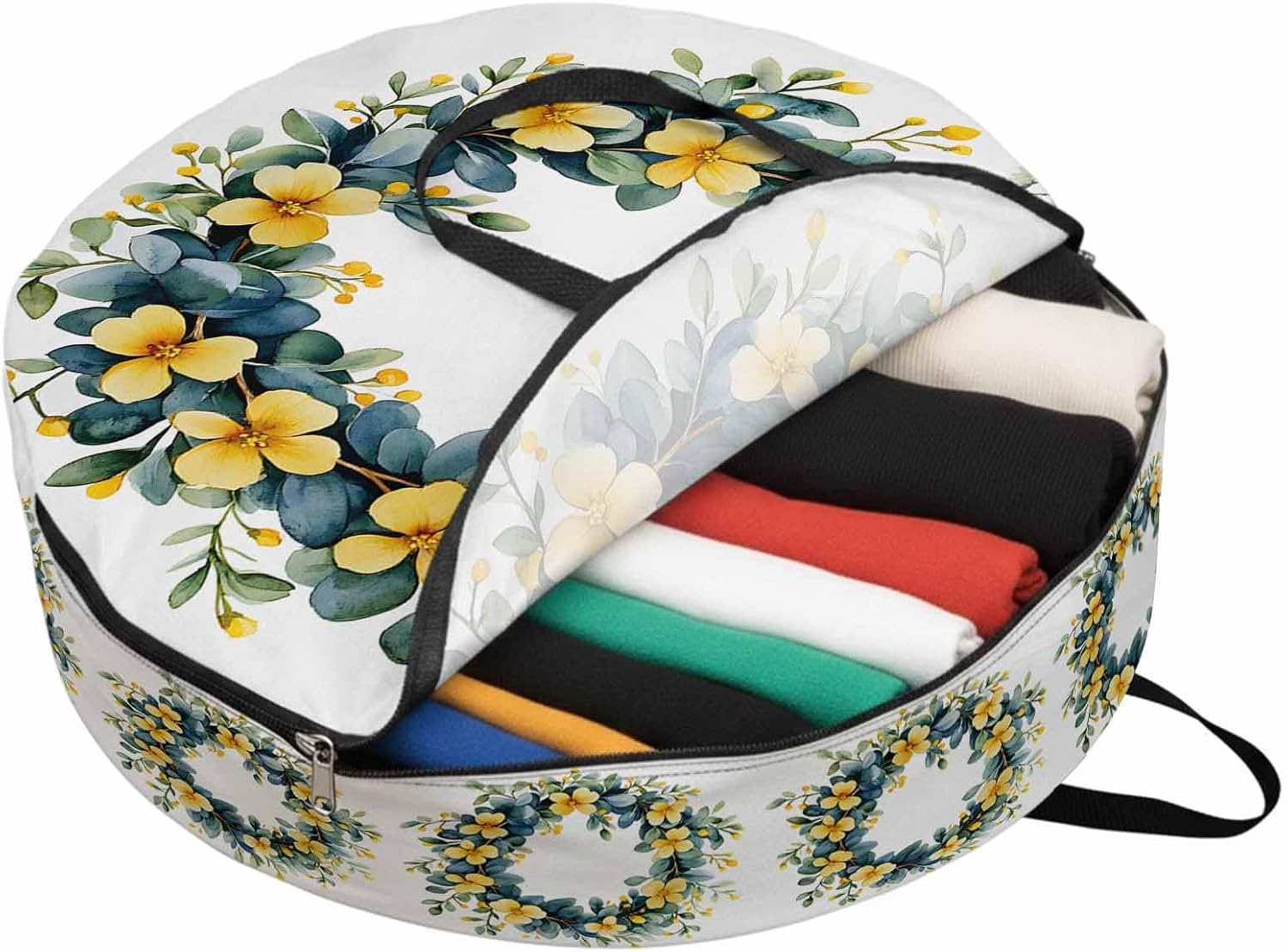 Yellow Flower Eucalyptus Wreath Round Storage Bag 36 Inch, Country Watercolor Floral Green Leaf Clothes Storage Container with Handles Heavy Duty Organizer for Comforter, Bedding & Holiday Wreaths