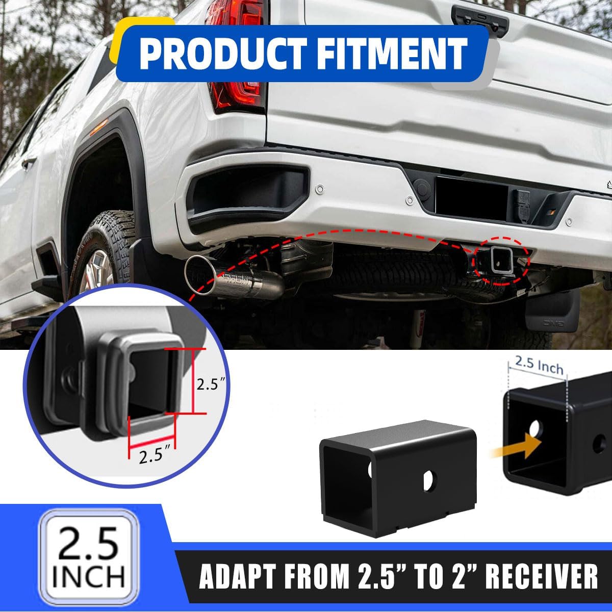 CPW 2-1/2 inch to 2 inch Trailer Hitch Adapter Black Powder Coat Heavy-Duty Steel Hitch Receiver Converter Sleeve, 2-1/2" to 2"