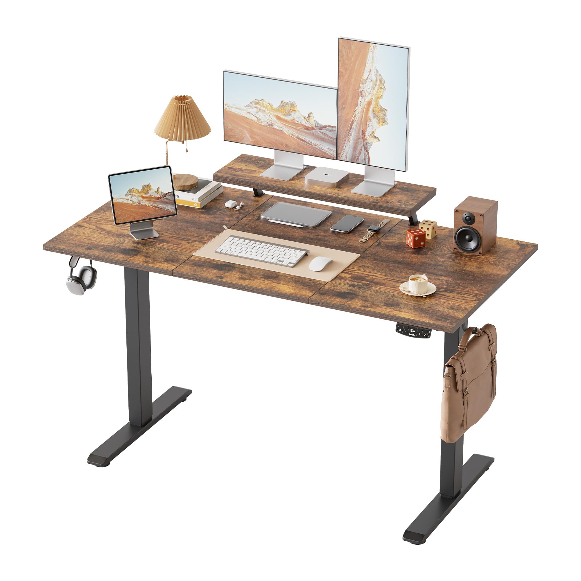 Klicelor Electric Height-Adjustable Desk with Movable Monitor Stand, 140 x 60 cm Sit-Stand Desk with 2 Memory Buttons and 3-Piece Table Top, Computer Desks, Brown