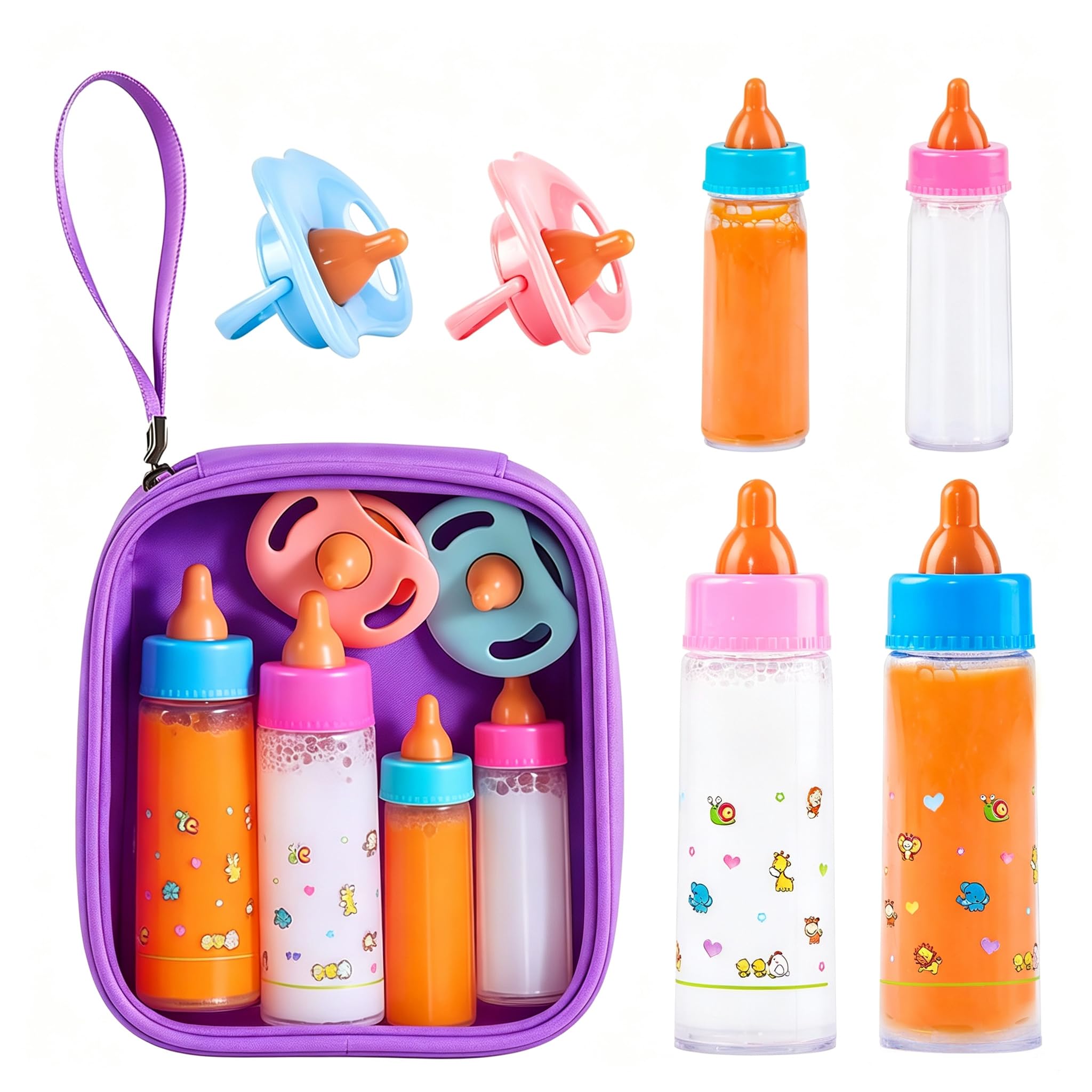 SCOM Baby Doll Bottle Accessories - 6 Pcs Feeding Bottle Toys, Magic Disappearing Milk & Juice, Pretend Play Set with Pacifiers Kids Gift Purple