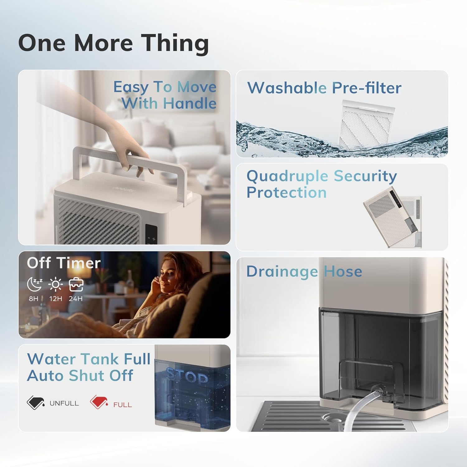 Image showing user-friendly features of the AEOCKY X1: Easy to Move with Handle, Washable Pre-filter, Quadruple Security Protection, Off Timer, Water Tank Full Auto Shut Off, and Drainage Hose connection.