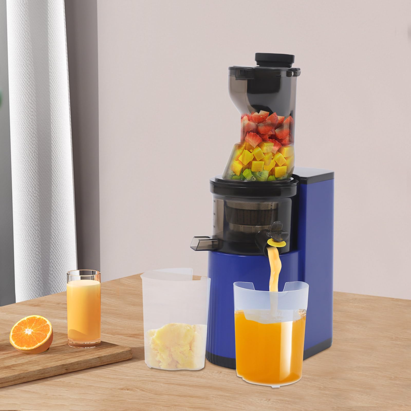 Exprimidor lento para frutas y verduras con función de retorno | Tecnología de prensado en frío, motor silencioso y fácil limpieza (azul)