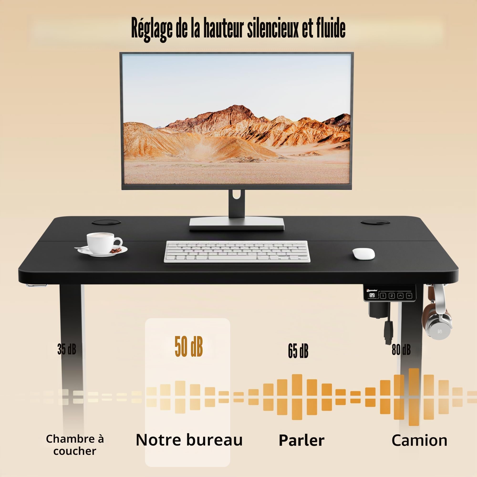 ERGOMAKER Bureau électrique réglable en Hauteur 80 x 60 cm - Table réglable en Hauteur avec Plateau d'épissure (Cadre Noir + Plateau Noir)