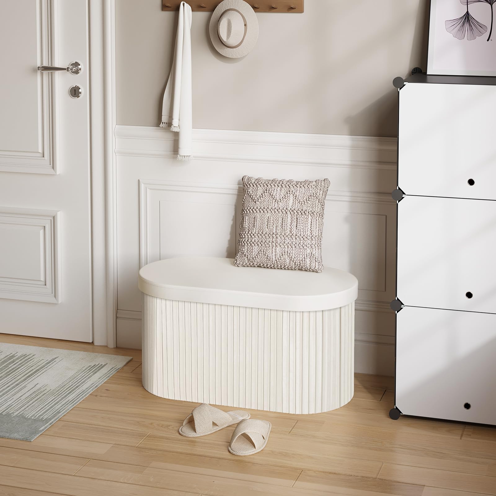 WOLTU Panca Contenitore, Cassapanca Contenitore Interno 76L, Poggiapiedi da Divano Pieghevole, Coperchio Rimovibile, per Soggiorno, Camera da Letto, 76x38x38cm, Crema