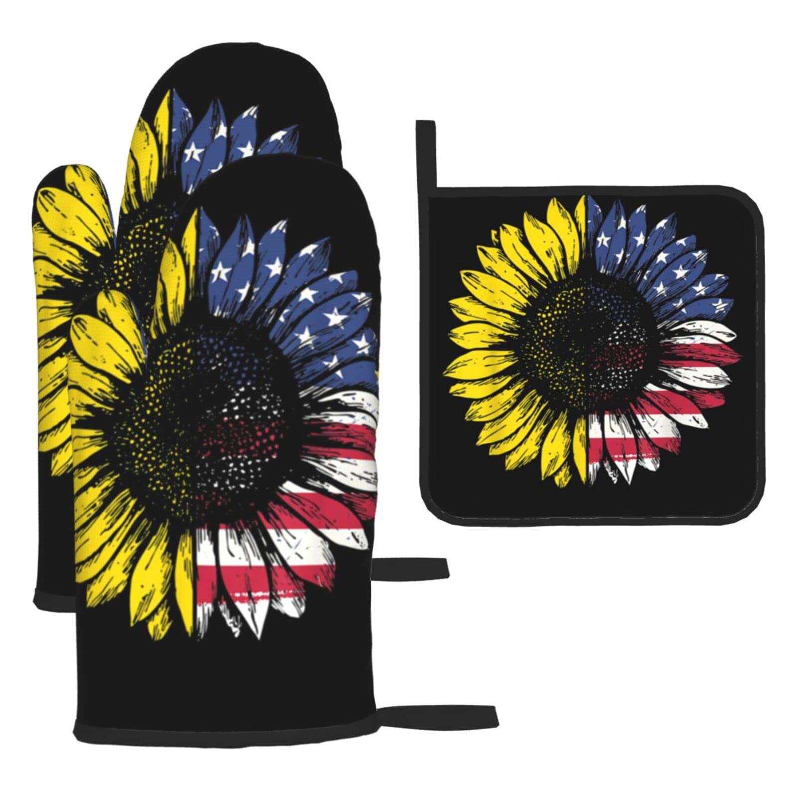 Sunflower American Flag Oven Mitts and Pot Holder Kitchen Set for Grilling, Cooking, Baking, Heat Resistant
