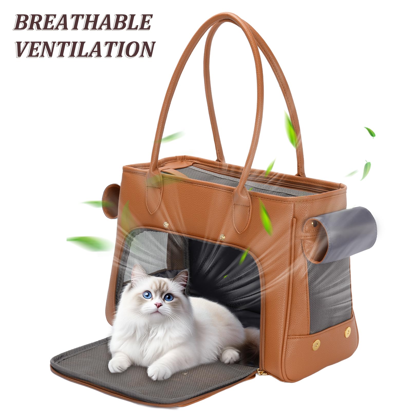 Bolso de transporte de mascotas para gatos y perros pequeños, bolsa de lujo de poliuretano de lados suaves con bolsillos grandes para perros y cachorros (marrón, 15.8 pulgadas de largo x 7.5 pulgadas