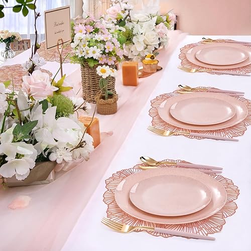 Vista 7 de Juego de 12 manteles individuales redondos de color oro rosa, manteles individuales de vinilo, manteles individuales para mesa de cocina, mesa